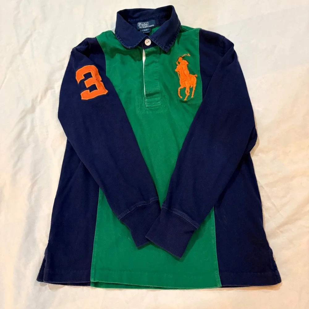 Polo Ralph Lauren  Big Pony Rugby Shirt Navy Green‎ Orange Size S 8 Long Sleeve